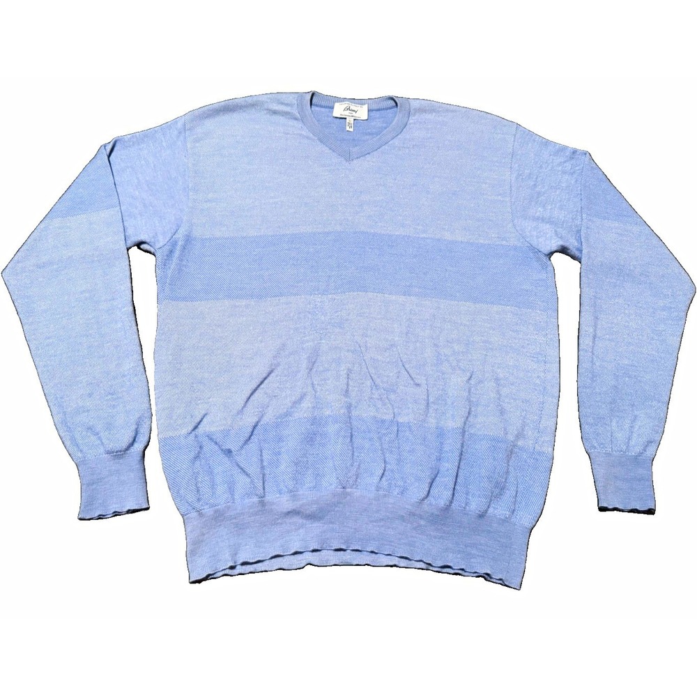 Brioni Blue Striped V-Neck Pullover 100% Wool Extra Fine Knit Sweater Mens L